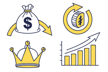 Icon set, financial growth, money bag with dollar sign, golden crown, circular arrows, ascending bar chart, yellow and blue colors, simple flat design, vector graphics, business concept, wealth accumu