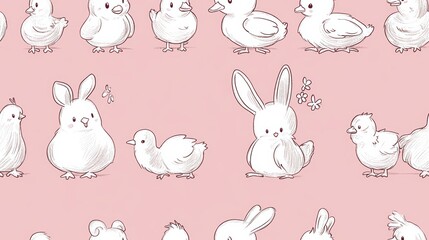 Cute Doodles of Bunnies, Ducks, and Chicks on Pink Background