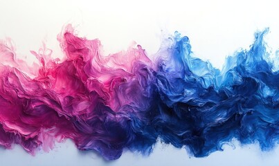 Abstract painting, pink, blue, swirling paint.