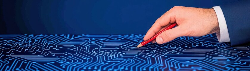 Close-Up of a Human Hand Holding a Red Pencil Above a Blue Circuit Board Design Representing Technology and Innovation in a Modern Workspace Environment