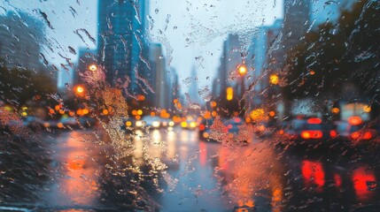 Fototapeta premium Rain Streaked Cityscape Viewed Through Car Window