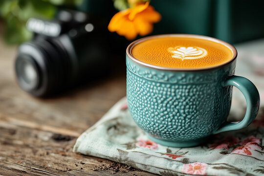 Warm liquid flowing into an ornate porcelain cup on a rustic wooden table surrounded by a camera and flowers