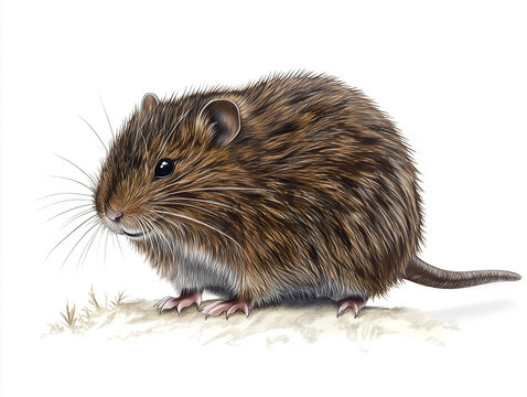 Common Vole (Microtus arvalis) - A hand-drawn, biologically accurate illustration with its grayish-brown fur, rounded body, and short tail, isolated on white
