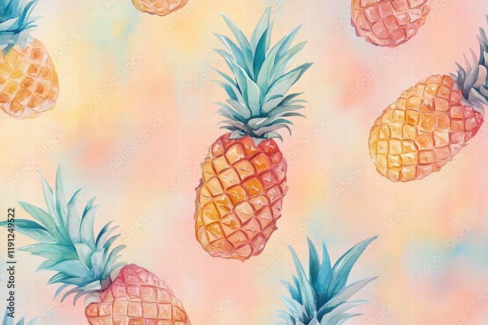 Poster colorful watercolor pattern featuring pineapples on a soft background for tropical decor and design 