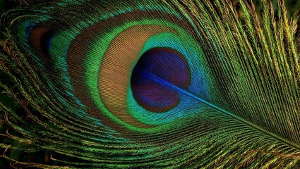 Obraz premium Vibrant peacock feather with detailed electric blue emerald green and golden yellow hues shimmering under soft light