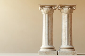 Fototapeta premium Two ornate greek columns stand proudly against a neutral backdrop, representing classical architecture and historical significance