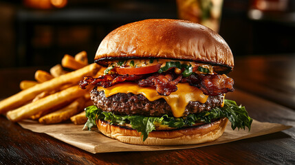 Gourmet burger featuring melted cheese and crispy bacon served with golden fries in a casual dining setting