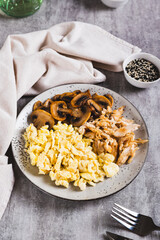 Fried eggs, chicken and mushrooms on a plate on the table vertical view