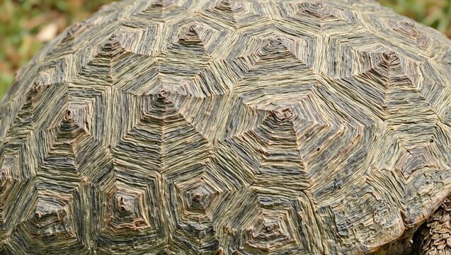 Detailed image of a turtles shell showcasing hexagonal scutes with green and brown tones highlighted by scaly skin