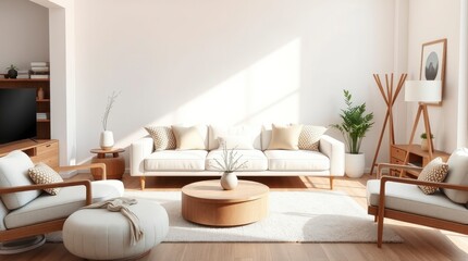 Scandinavian-inspired living room interior design with light oak flooring, white walls, a beige sofa, and minimalist decor, creating a cozy and serene environment.

