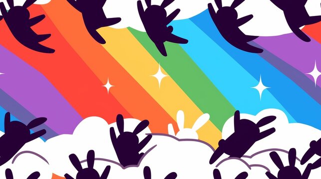 Silhouettes Jumping Joyfully Over Colorful Rainbows and Clouds