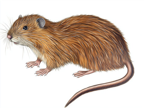 Muskrat (Ondatra zibethicus) - A detailed hand-drawn depiction showing its brown waterproof fur, long scaly tail, and webbed hind feet, isolated on a white background
