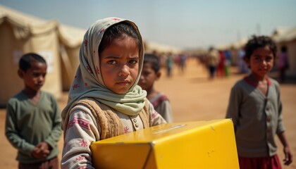 Children refugees hold aid supplies in camp. War, famine affect. In need of protection food homes, better life. International solidarity, global support needed. Social problem. August 19th.