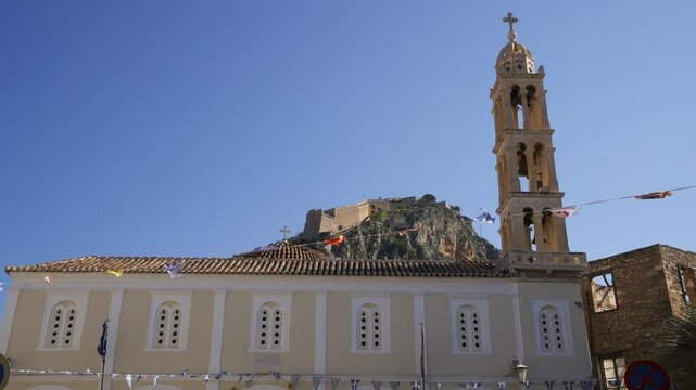Saint George holy orthodox metropolitan church tower in Nafplion, Greece