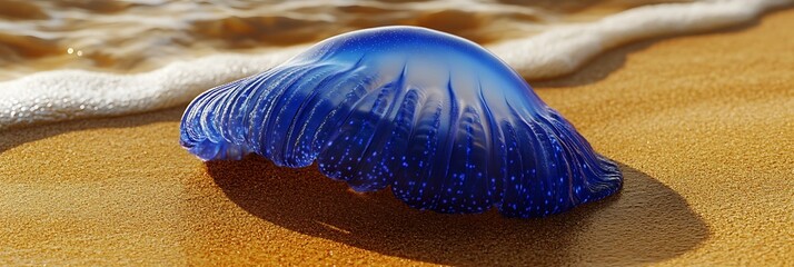 Vivid jelly-like Portuguese man o' war with intricate textures on golden wet sand