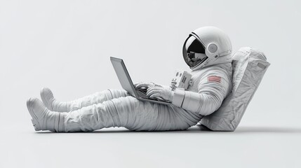 Astronaut relaxing, using laptop in space.