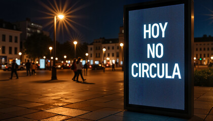 Obraz premium Nighttime street scene with illuminated traffic sign, Traffic restrictions