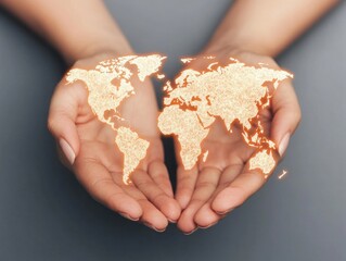 Hands Holding a Glowing Map of the World, Symbolizing Global Connections, Unity, and Collaboration in a Modern Digital Era of Interdependence