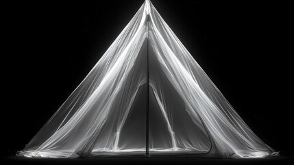 Sheer fabric tent, dark background, ethereal.