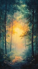Foggy forest path illuminated by golden sunlight creating a magical atmosphere