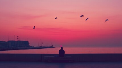 Solitary Figure Watching a Vibrant Sunset Over the Sea