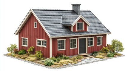 A charming red house with a landscaped garden.