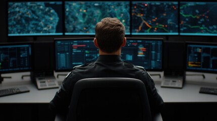 Operator in a Modern Control Room Monitoring Multiple Screens with Data Visualizations in a High-Tech Environment, Indicating Surveillance and Coordination Efforts
