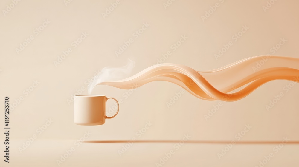 Poster Levitating white cup with steaming coffee and abstract orange smoke floating in a minimalist beige background creates a surreal and calming atmosphere