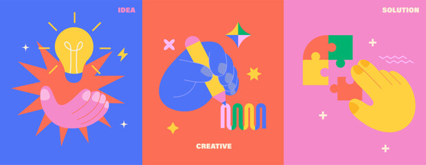 Set of bright posters idea,creative,solution.Infographic of find solution for new and old business,interaction to get a solution.Business creative vector for web,banners,flyers,social media, marketing
