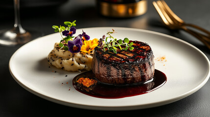Savor the culinary experience of a perfectly cooked steak served with velvety mashed potatoes and vibrant garnishes at an upscale restaurant