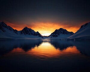 Fototapeta premium Polar regions in a mirror reflecting a fiery sky, contrast between icy past and warming future, surreal