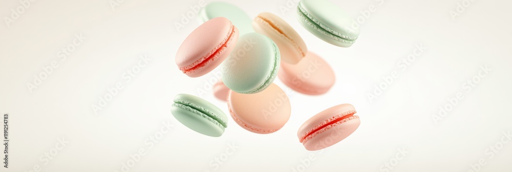 Poster pastel colored macarons are levitating against a minimalist off white background, creating a visuall