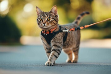 Young striped cat walking in the street on a harness and leash