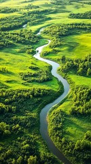 Aerial view of a picturesque river flowing through a vibrant green valley, creating beautiful meanders in the landscape