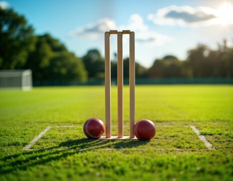 Cricket pitch with aligned stumps ready for match. Red cricket ball rests near stumps. Green grass field, background show trees. Great image for sports websites tournament ads. Perfect sports