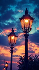 Elegant street lamps shining at sunset with dramatic sky