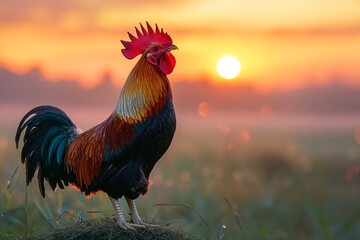 Colorful rooster crowing at sunrise in a meadow