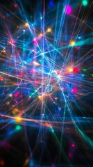 Colorful laser lights intersecting and creating an abstract, futuristic design on a black background