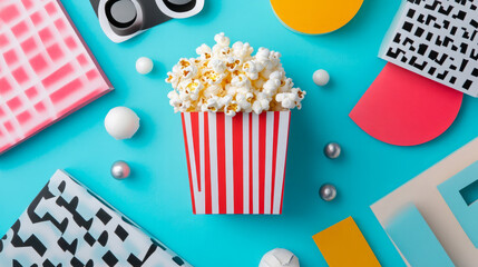 popcorn in striped box with colorful geometric shapes for still life flat lay photography and creative movie snacks on abstract teal background