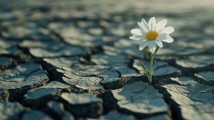 White Daisy Flower Growing In Dry Cracked Earth
