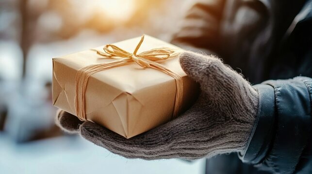 Gift wrapped in paper held by gloved hands in winter
