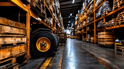 Warehouse aisle with shelves, pallets, and industrial wheel