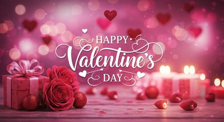 Romantic Valentine's Day Scene: A heartwarming Valentine's Day scene with red roses, gifts, and candles, set against a bokeh background with hearts. Perfect for greeting cards, social media.