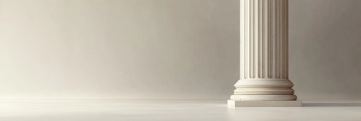 Fototapeta premium Single white ionic column standing in empty room with beige background and floor, creating a minimal and elegant scene