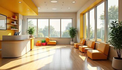 Bright pediatric clinic waiting area features warm interior design. Play zone with colorful furniture complements modern aesthetic. Natural light streams through large windows. Comfortable seating