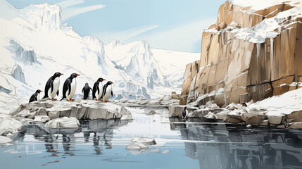 Penguins, king penguins standing on a rock, on an ice floe in Antarctica, isolated on a white background, simple color sketch, drawing, image for printing on a T-shirt
