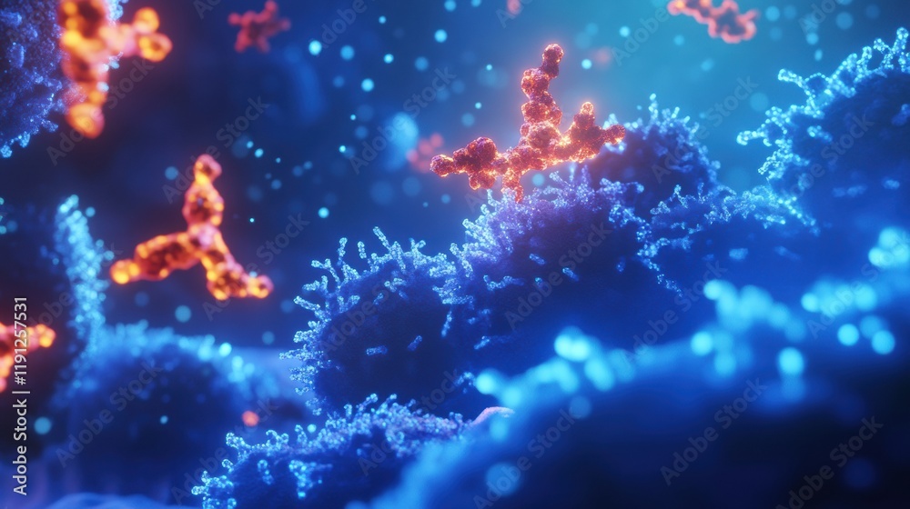 Fototapete visualized antibodies engage with glowing viruses in a macro view of immune response dynamics. gener