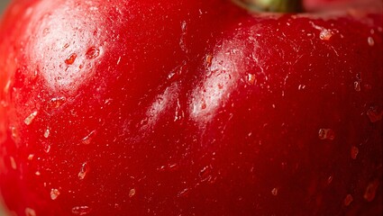 Ripe red cherry with glossy surface and sharp highlights showcasing natural imperfections in macro shot