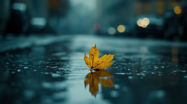 Single autumn leaf floats on a rain soaked street