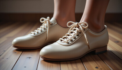 Naklejka premium Close-up of traditional Irish dance shoes with intricate laces resting on wooden floor illuminated by warm light